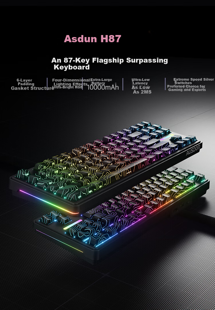 AUSDOM H87 Custom Mechanical Keyboard, Wireless Bluetooth Gasket Customization, 6-Layer Padded Side-Engraved Gaming E-Sports Office Keyboard, 10000mAh Blackberry Pink Side-Engraved Ultra-Fast Silver Switches 1