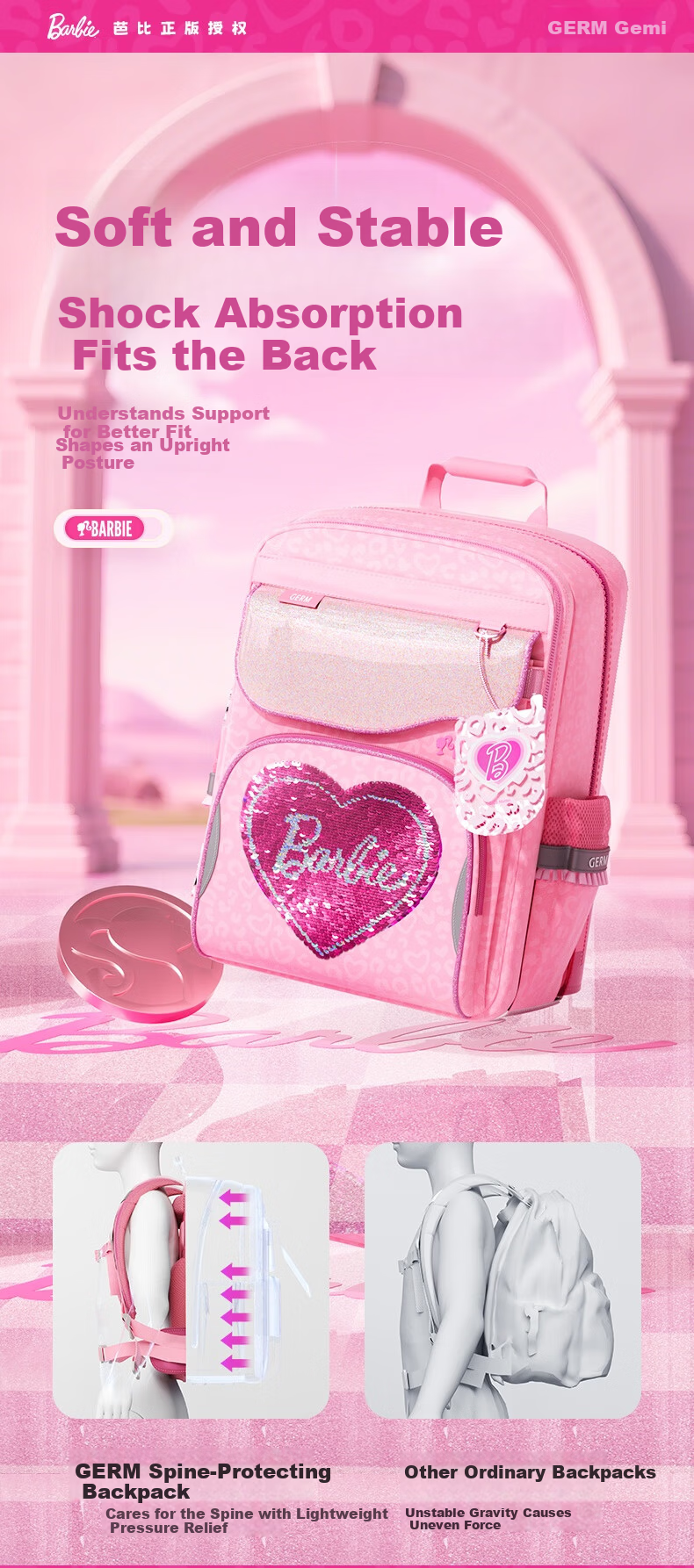 Germ Barbie Backpack for Elementary School Girls Grades 1-6 Lightweight Large Capacity Pink Ergonomic School Bag 2