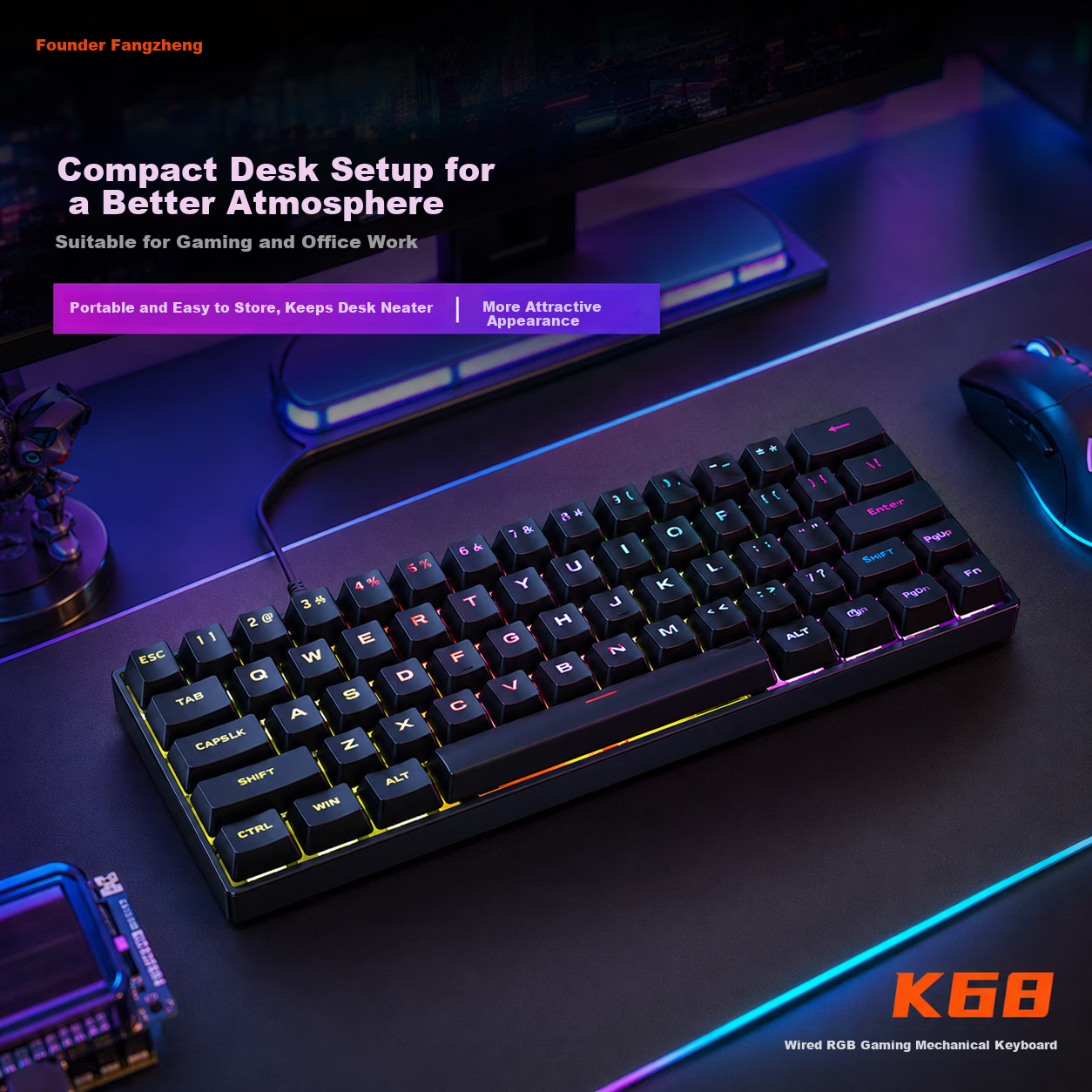 Founder K68 Wired Mechanical Gaming Keyboard RGB Backlit Portable Mechanical Keyboard Computer Tablet Peripheral Keyboard Office Typing E-sports Gaming Keyboard Red Switch