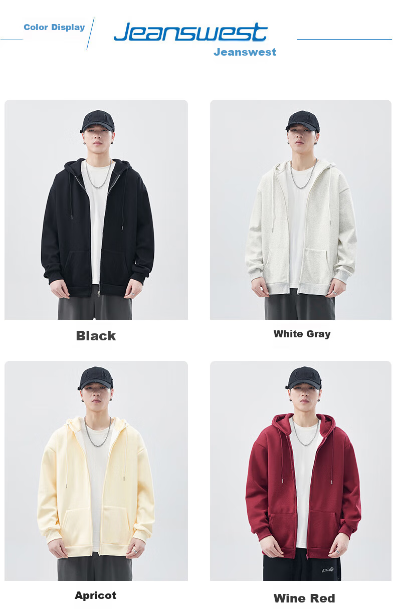 Jeanswest Men's Sweatshirt 2026 Spring Summer Drop Shoulder Solid Color Loose Casual Zip-up Jacket White XL 4