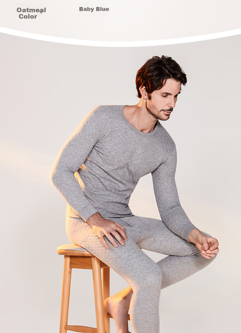 Yiershuang [Triple-Layered Thickened, 100% Pure Cotton] Men's Thermal Underwear Set, All-Cotton Round Neck Autumn Top And Pants 19