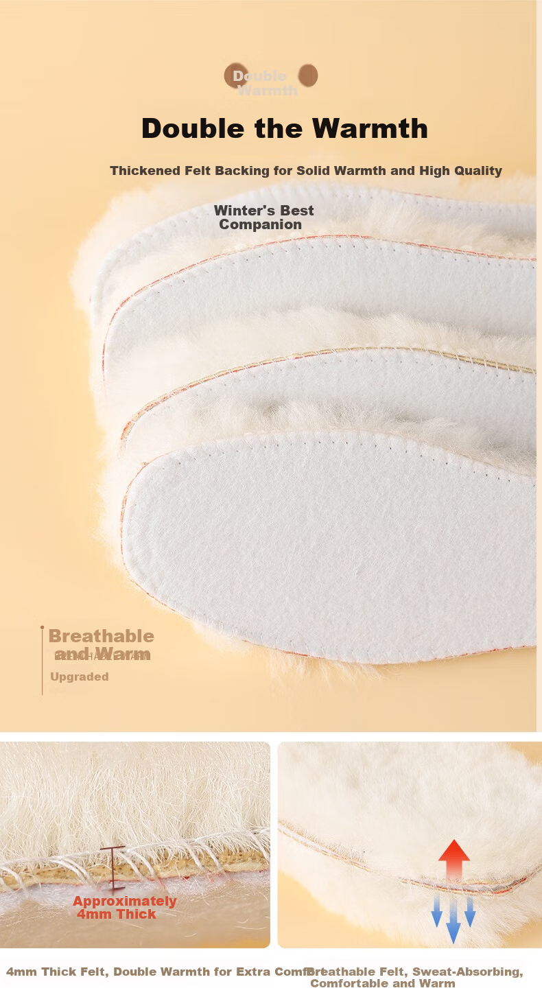 FOOTOPPO Wool Insole Warm Pure Wool Plush Thickened Insole Women's Winter Long Wool Snow Boots Cold-Proof Cotton Insole Men's 5