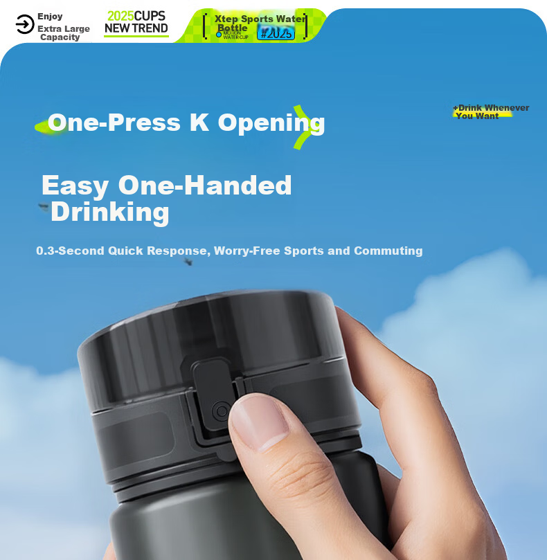XTEP Sports Water Bottle Large Capacity Student Children School Use Unisex Fitness Portable Bottle High Temperature Resistant Summer Cup Black 13
