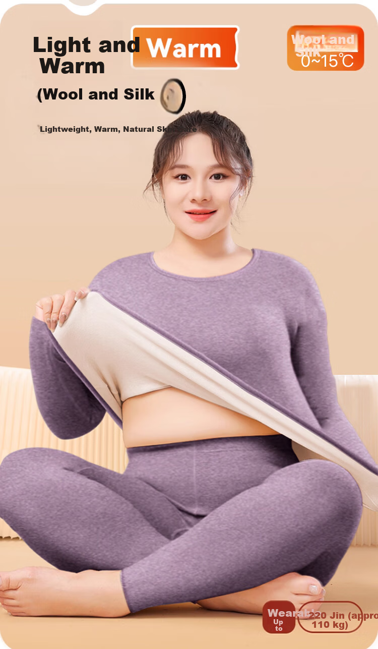 Caiyue Plus Size Women's Thermal Underwear Wool Silk 10A Antibacterial Half Turtleneck Fleece Lined Large Size Base Layer Set 1