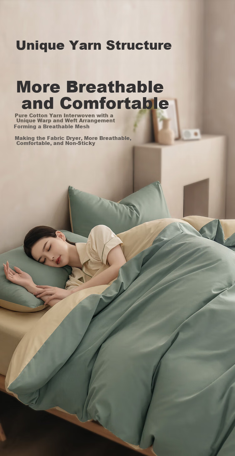 JD Jingzao Cotton Four-Piece Set National Standard Class A Linen-Like Air Wash Pure Cotton Moisture-Absorbing Breathable Bed Sheet Duvet Cover Pillowcase Bedding Set 1.8m Bed Eucalyptus Green 8