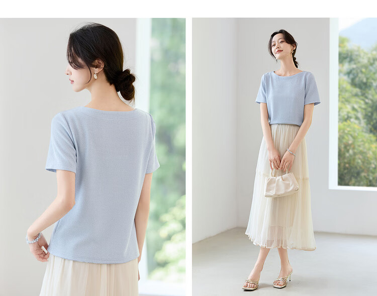 Shangdu Bila Off-Shoulder Boat Neck Double Needle Stitching T-Shirt for Women Summer Elegant Commuter Stretch Ribbed Knit Top 11