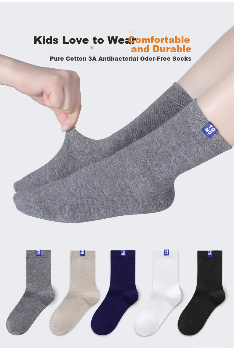 Hzasz 【5 Pairs】Youth Black Pure Cotton Socks Spring and Autumn Full Cotton Middle School Boys Large Kids Sports Long Socks 2