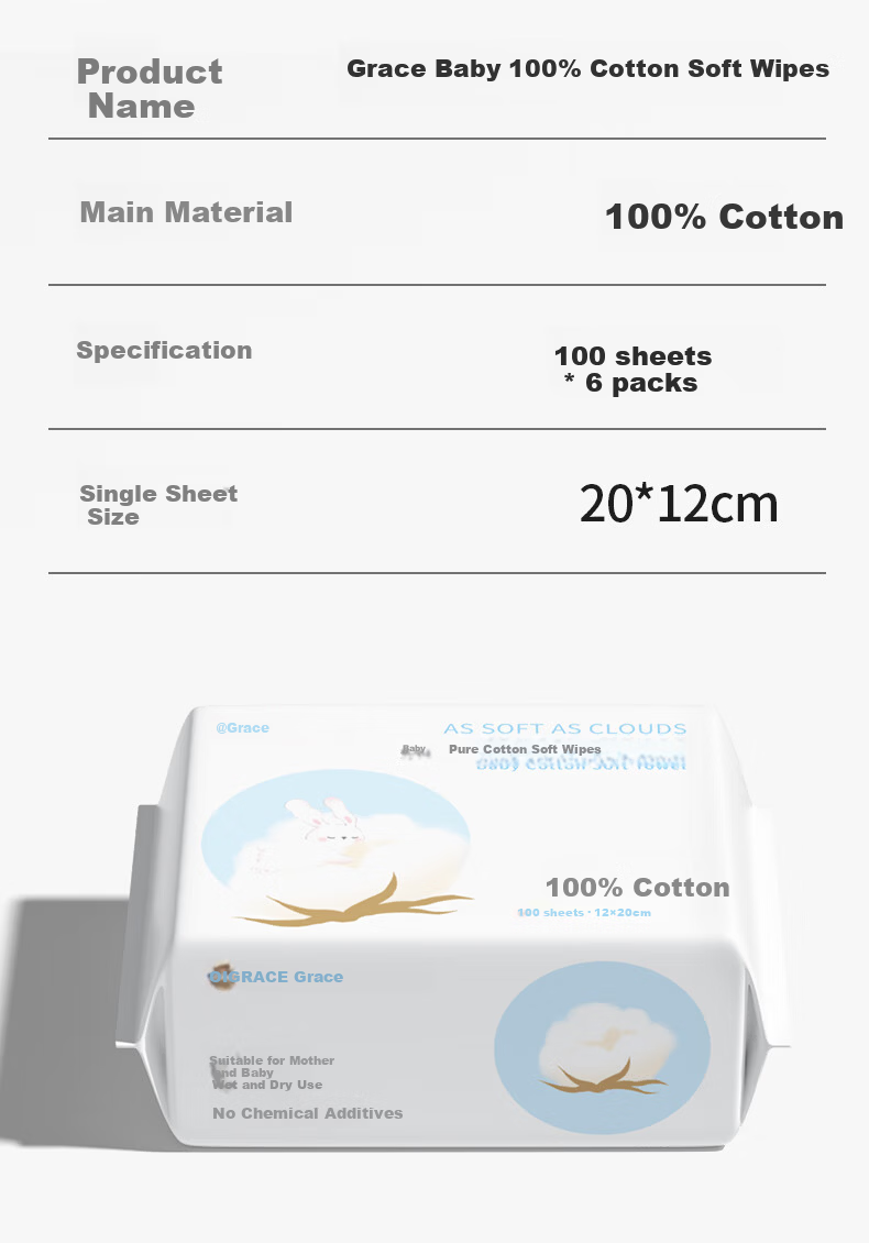 Grace Cotton Soft Wipes 100 Sheets Single Pack 100% Pure Cotton Baby Face Towels Dual-Use Dry and Wet 12