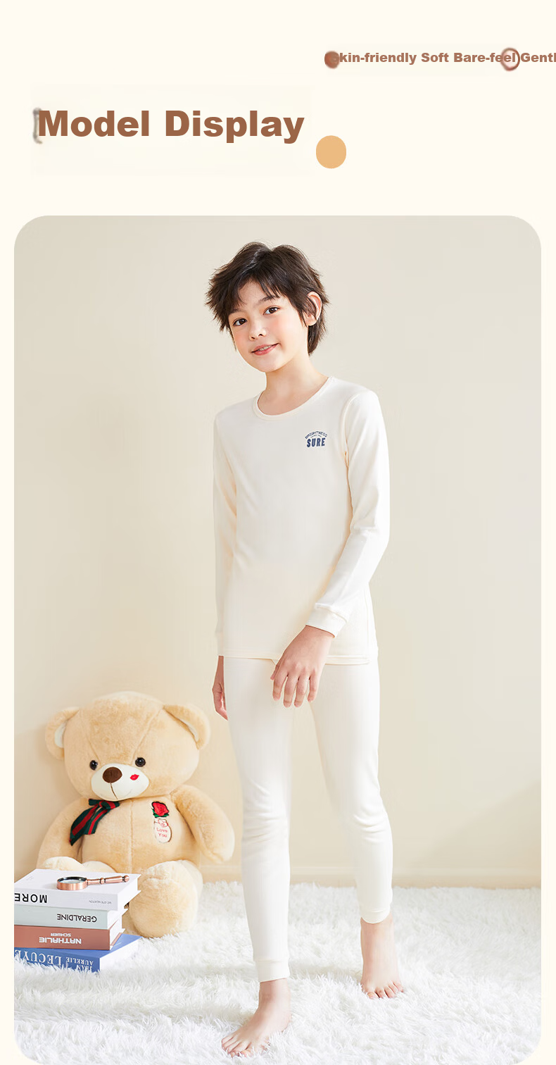 Dingguagua Boys' Cotton Thin Thermal Underwear Set Antibacterial Autumn Winter Kids' Pajamas for Older Children and Teens 11
