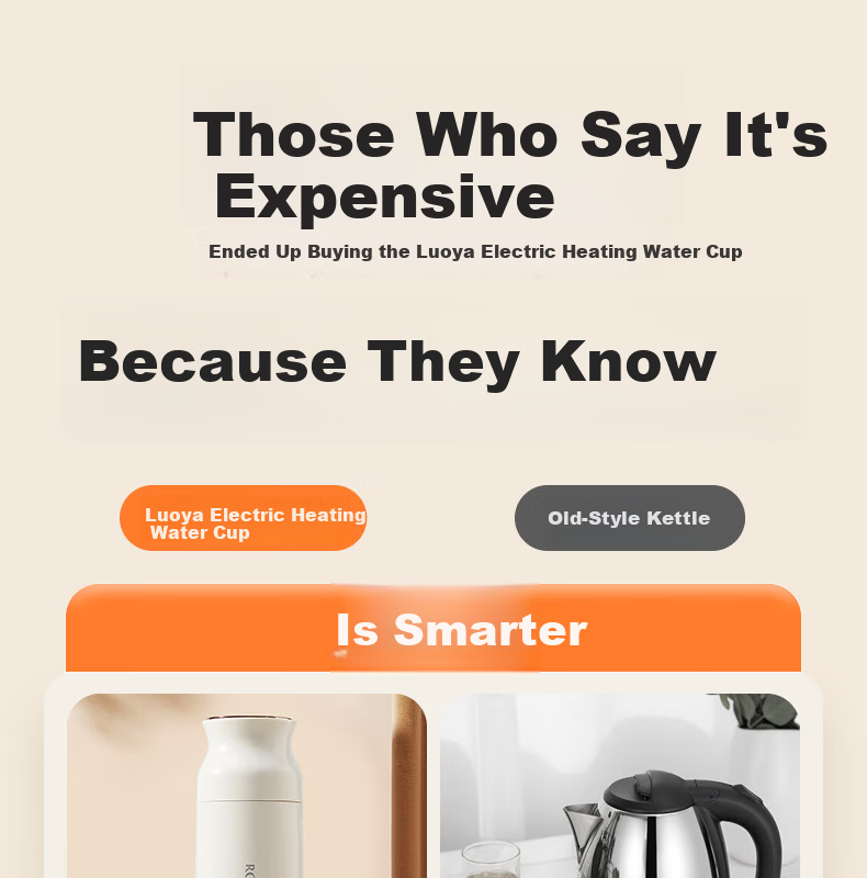 ROYALTY LINE Portable Electric Water Heater Cup Small Electric Kettle Travel Electric Cup Smart Thermostat 304 Stainless Steel Kettle 0.45L 1