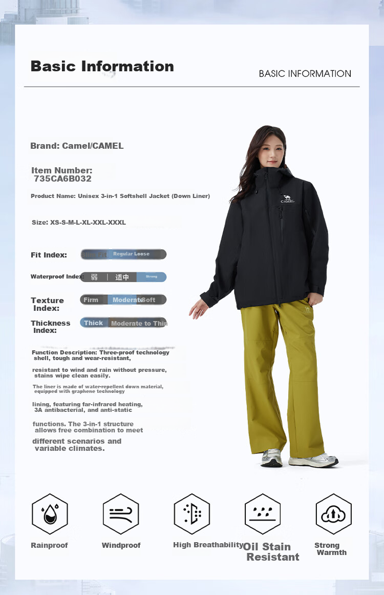 CAMEL Women's Rain God 3-in-1 Waterproof Mountaineering Jacket B032 Phantom Black 4