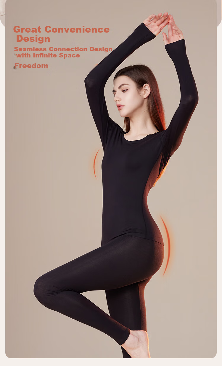 Ordifen Women's Thermal Underwear Set Wool Modal Crew Neck Seamless Black 2XL 11
