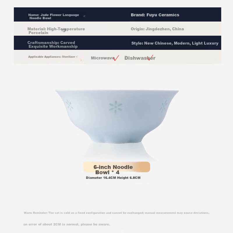 Fuyu Ceramics Jingdezhen Ceramic Tableware Premium Light Luxury New Home High-End Porcelain Bowls and Plates Jade Flower Language Noodle Bowls Set of 4
