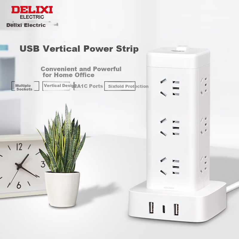 Delixi Electric Vertical Power Strip 8-Socket 5-Hole Multi-Outlet with USB CD98H-CK4 1.7m