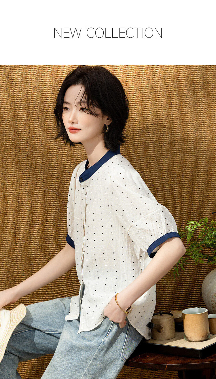 Demana Oxygen Linen Summer Fresh Plaid Color-Block Stand Collar Short Sleeve Loose Slim Women's Shirt 1