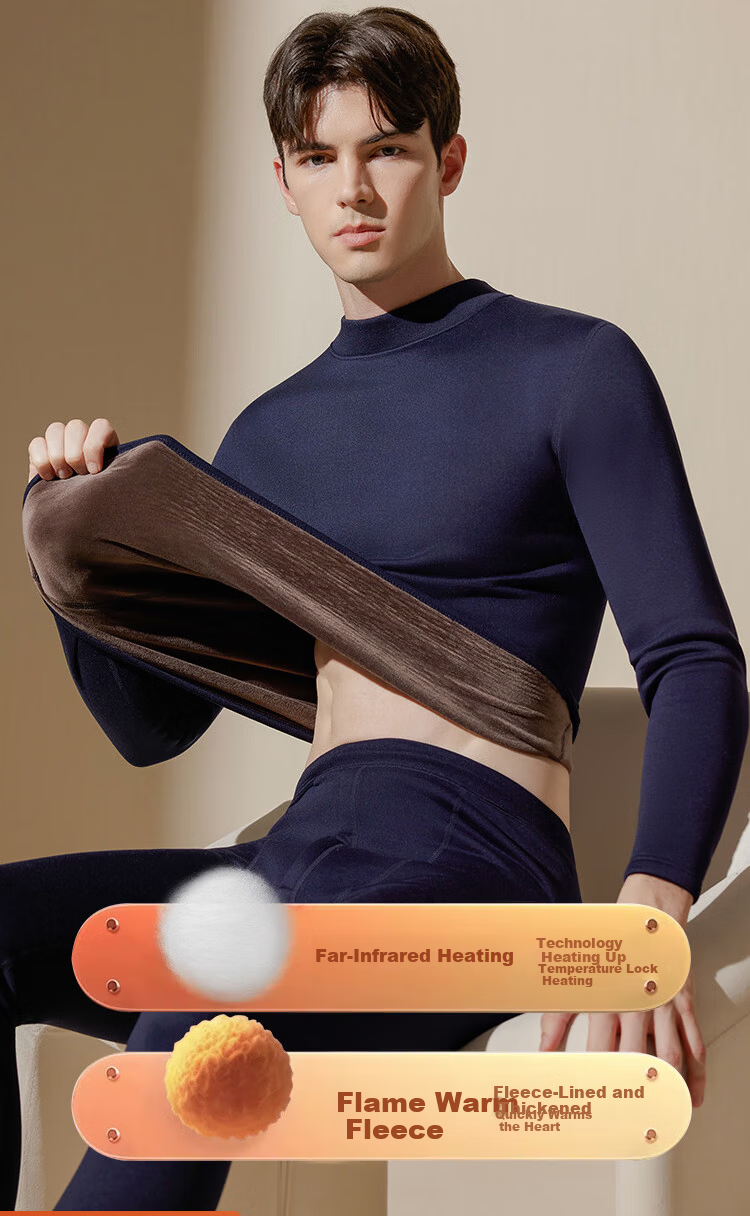 Langsha Men's Thermal Underwear Set Mid-Neck Autumn Winter Fleece Thickened Heating 10A Antibacterial Ultra-Soft Top and Bottom 7