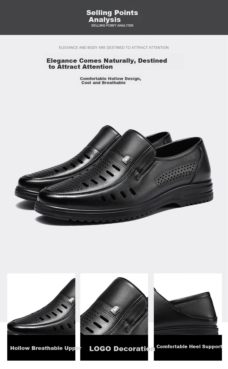 LAORENTOU Men's Business Casual Leather Slip-On Shoes Layered Cowhide Non-Slip Breathable Hollow Shoes LL12163 Black Size 38 3