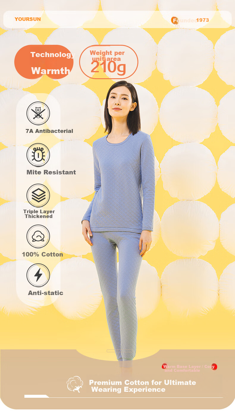 Yiershuang [7A Antibacterial And Anti-Mite Three-Layer Thickened] Autumn And Winter 100% Cotton Thermal Underwear Set for Women, Autumn Top And Pants 1