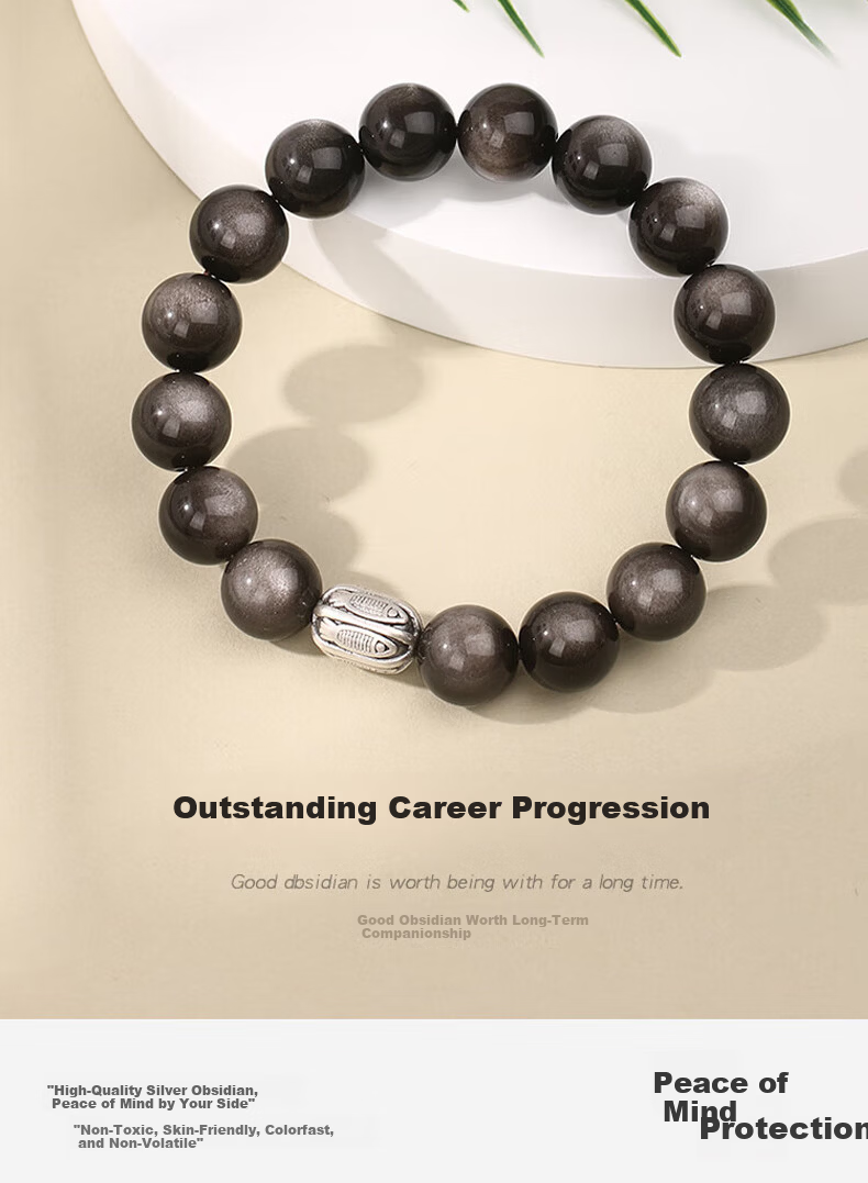 Chinese Jewelry Pure Silver Obsidian Lucky Koi Bracelet Men's High-End Black Obsidian Beaded Bracelet 520 Birthday Gift for Boyfriend and Girlfriend 13