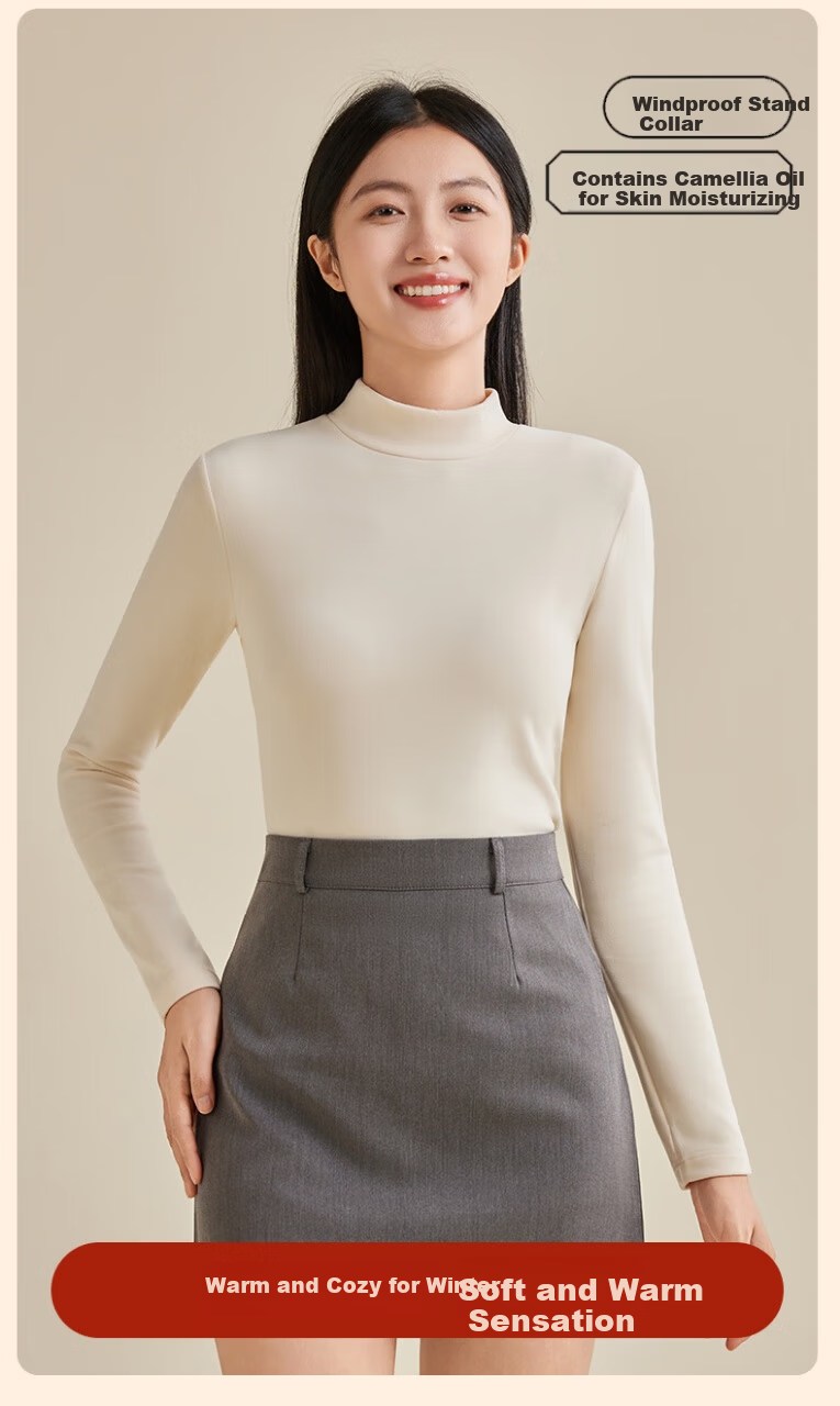 MiiOW Black Half Turtleneck Fleece-Lined Thickened Autumn Winter Warm Long Sleeve Women's Base Layer Top 3