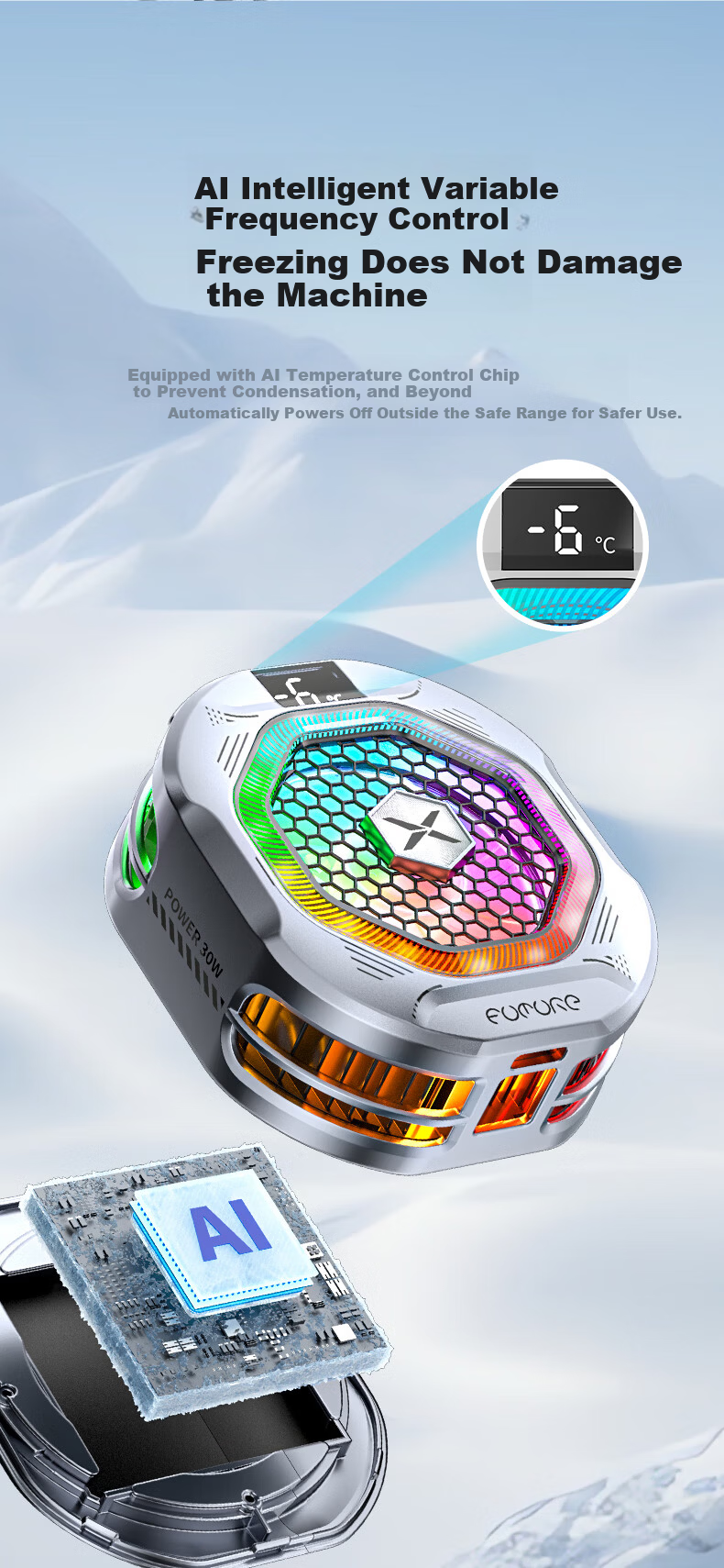 Future Series 30W Magnetic Phone Cooler FX6 RGB Lighting Gaming Live Streaming Semiconductor Cooling Clip Cooler Compatible with Tablets Apple 17 iPad Xiaomi Red Magic iQOO 8