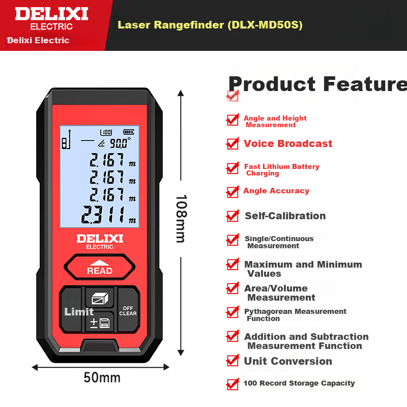 DELIXI ELECTRIC Infrared Laser Distance Meter Handheld High-Precision Electronic Ruler Household Measuring Tool Lithium Battery Voice 50m