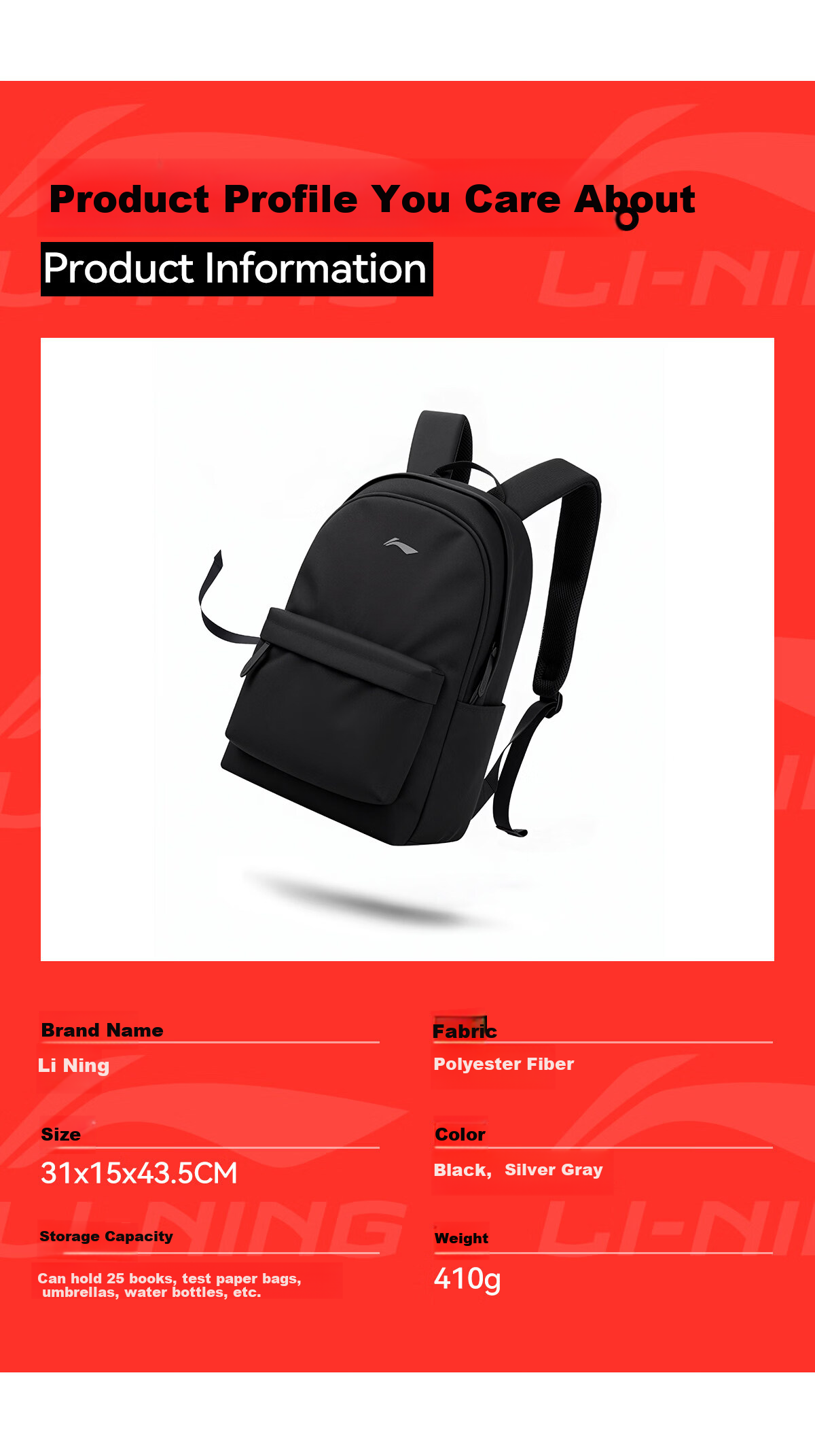 Li-Ning Backpack for Men, High School Student Bookbag, Stylish 2026 New Model, Large Capacity, Lightweight Travel Backpack, Laptop Bag 20