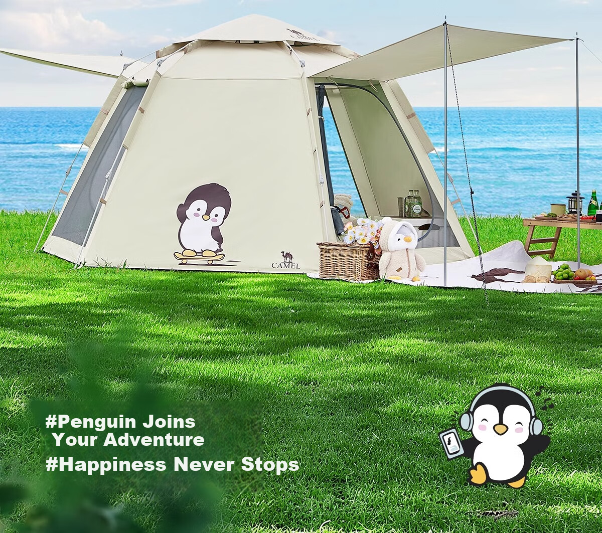 CAMEL Penguin Cute Portable Folding Automatic Tent Outdoor Camping Tent Gear Set Large Matcha Green 5
