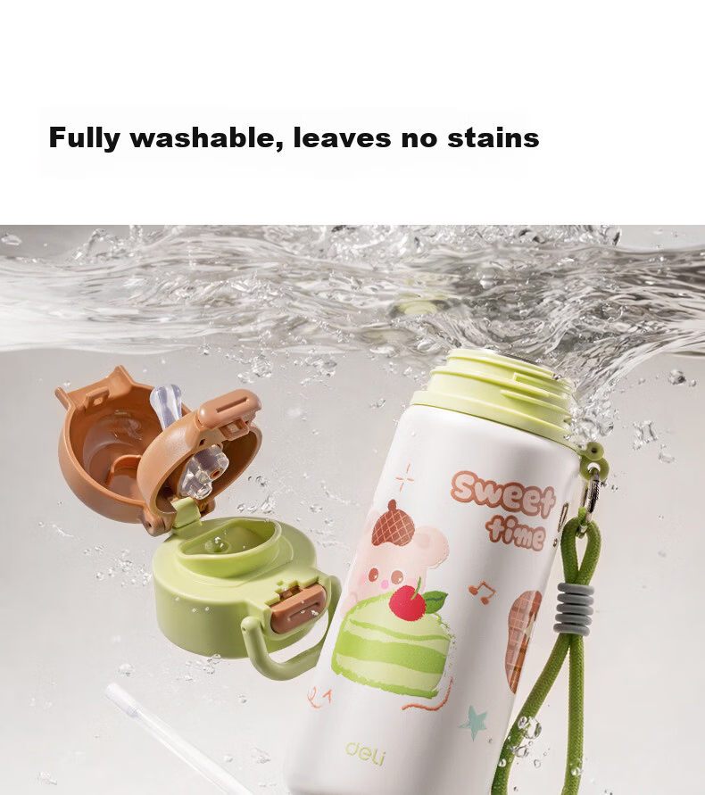 Deli Kids Student Insulated Bottle Strawberry Cake Cute Primary School Multifunctional Dual Drinking Spout Long-lasting Insulated Straw Cup 14