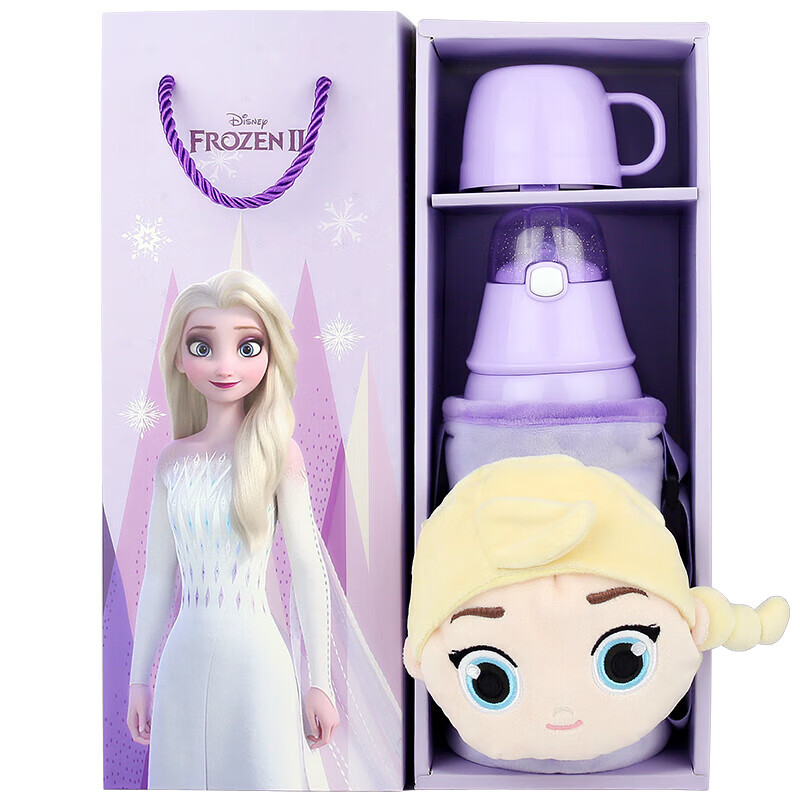Disney Kids Insulated Water Bottle Dual Lid Multi-Use Children's Cartoon Straw Cup Student Drinking Cup with Doll Sleeve 540ML