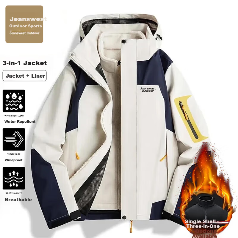 Jeanswest Outdoor Sports Waterproof Casual 3-in-1 Men's Jacket Autumn Winter Off-White 2XL