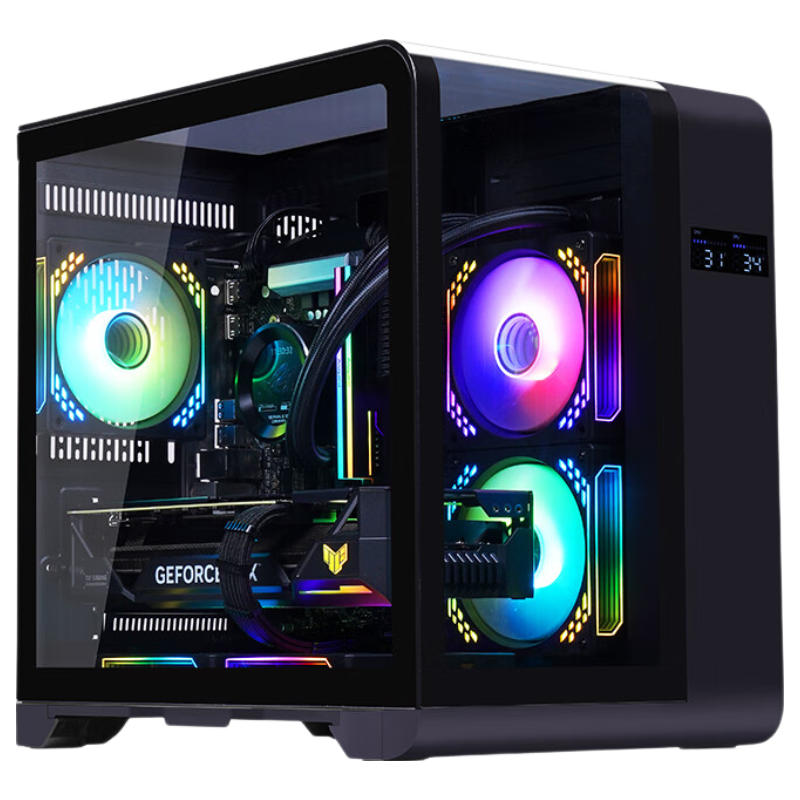 Wanjia Wenzhen MINI Black Panoramic Version Curved Digital Display Seaside Desktop Gaming Computer Case (Curved Glass/LCD Digital Display/240mm Radiator/MATX Motherboard)