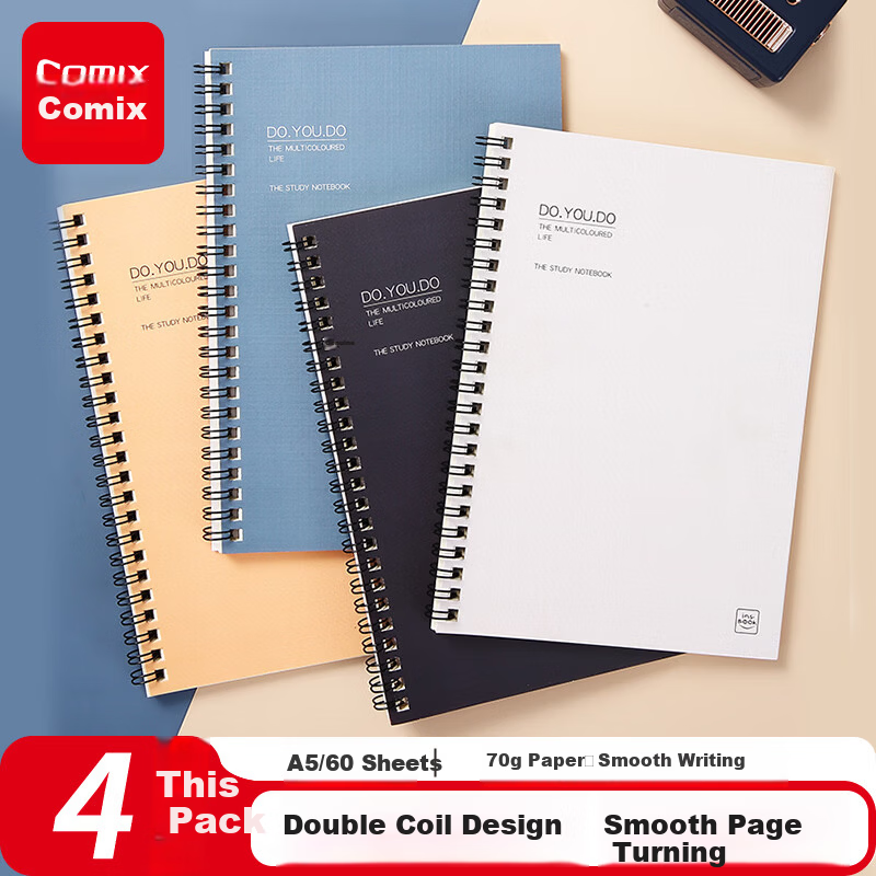 COMIX Popular Paper Spiral Notebook A5 60 Sheets Diary Memo Student Homework Planner Office Supplies 4-Pack ECC100