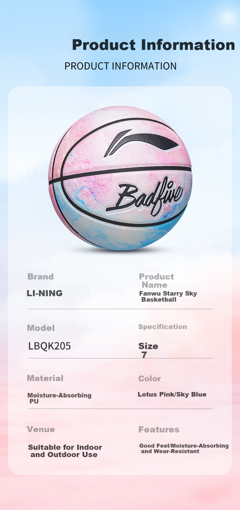 Li-Ning Basketball Adult Size 7 for Ages 12-18 Junior High School Indoor Outdoor Professional Game Ball Boys Gift 15