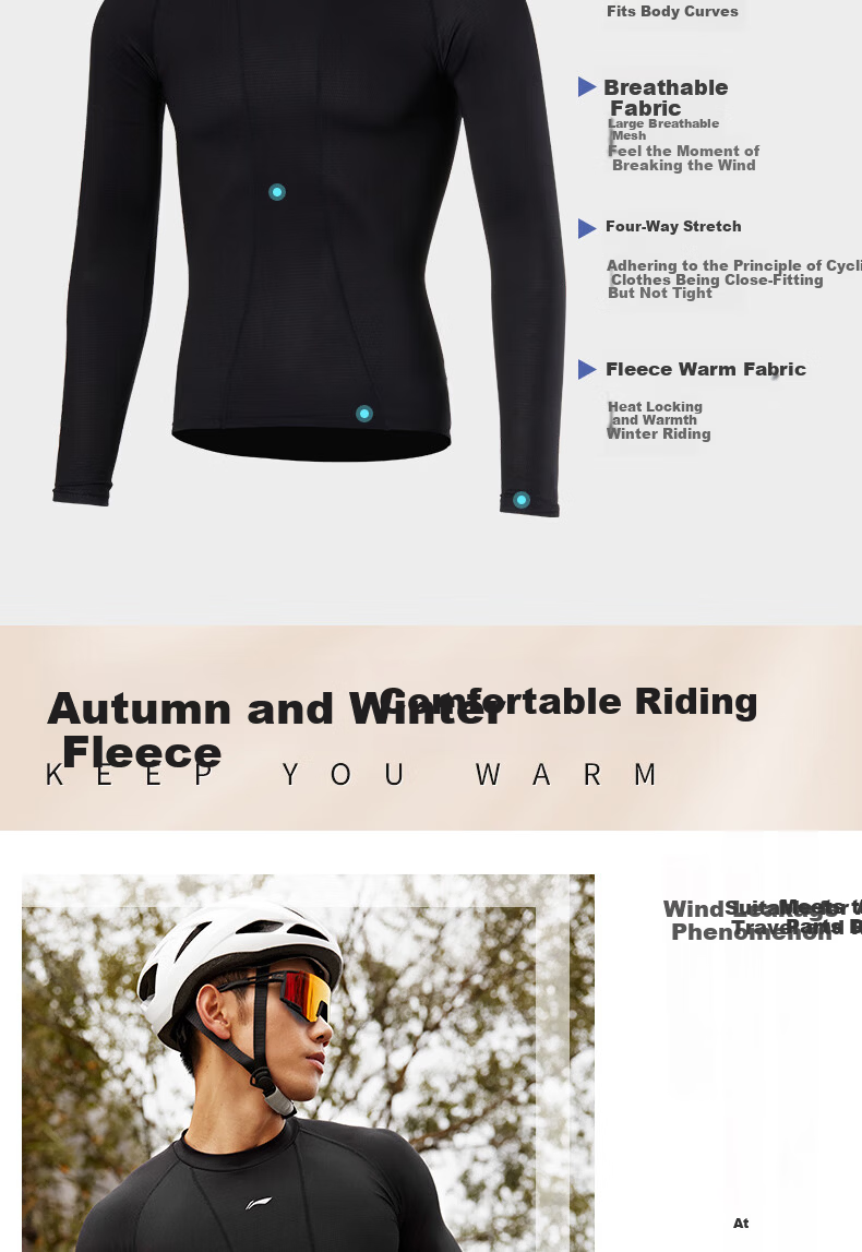 LI-NING Men's Cycling Base Layer Long Sleeve Autumn Thin Fleece Tight Road Bike Jersey 5