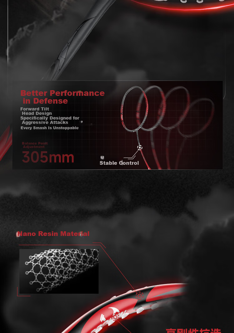 PEAK Carbon Fiber Badminton Racket Offensive 4U Ultra-Light High-Performance Adult Student Competition Training Single Racket Gray Red 6