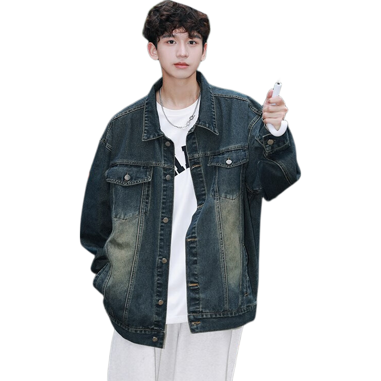 Foss Phil Washed Vintage Denim Jacket Men Spring Autumn Casual Loose Retro Coat Q2481 Vintage Blue XL