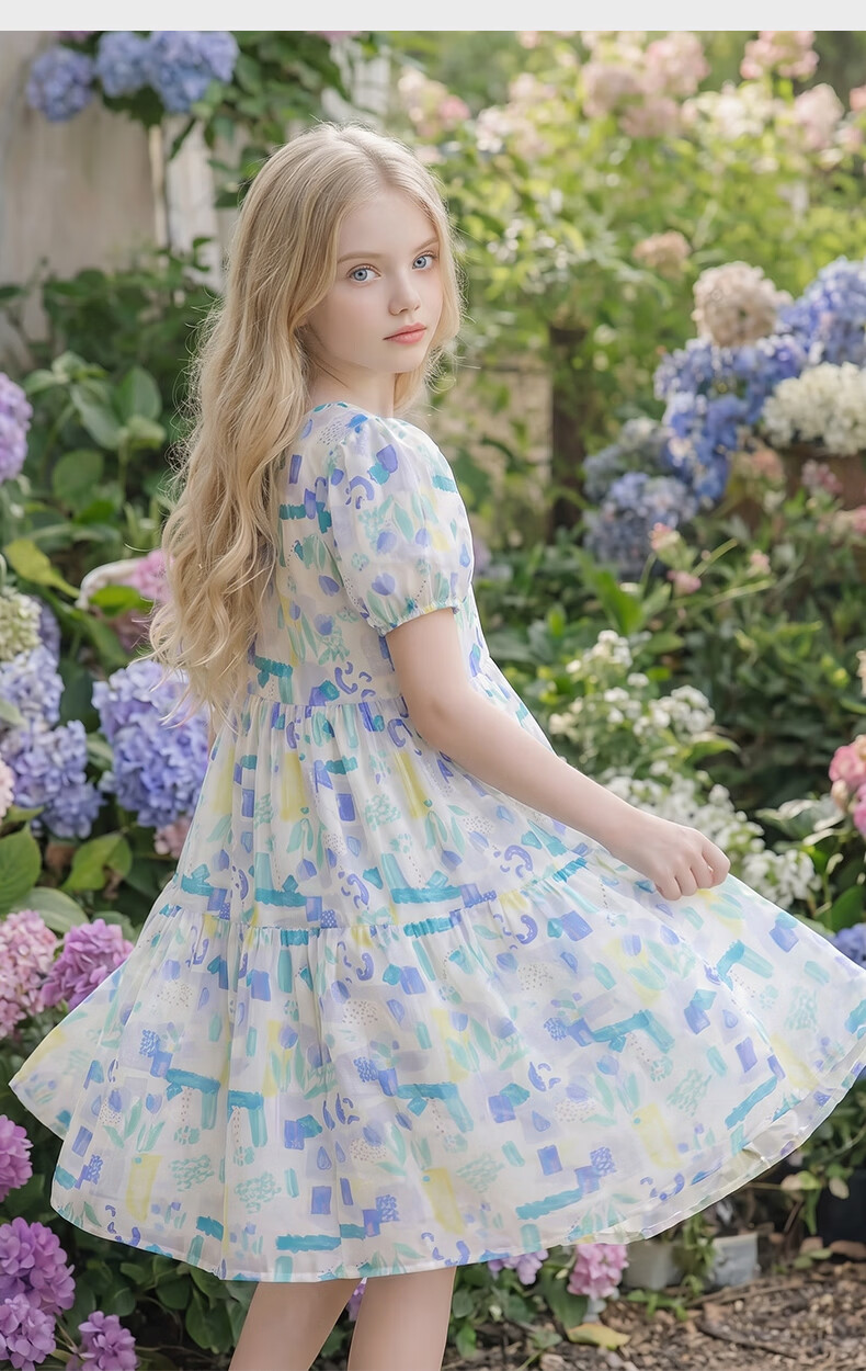 Disney Girls Summer Floral Dress Rural Style Cotton Princess Dress 21A145 Blue Green Size 130 11