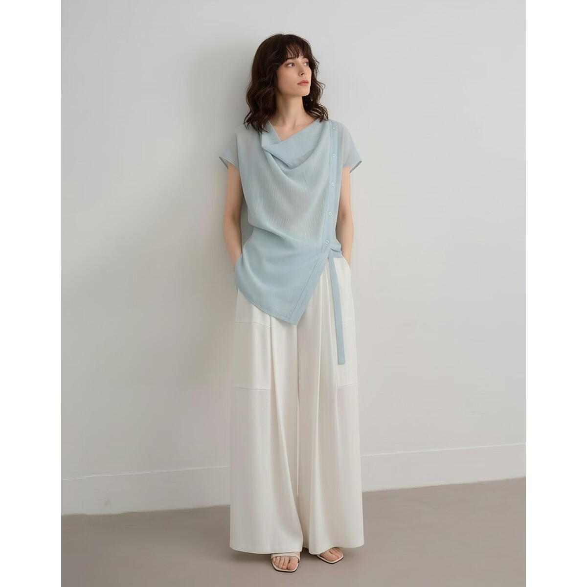 Demana [Translucent Aesthetics] Summer Draped Collar Adjustable Strap Shoulder Short Sleeve Lightweight Loose Slimming Women's Shirt