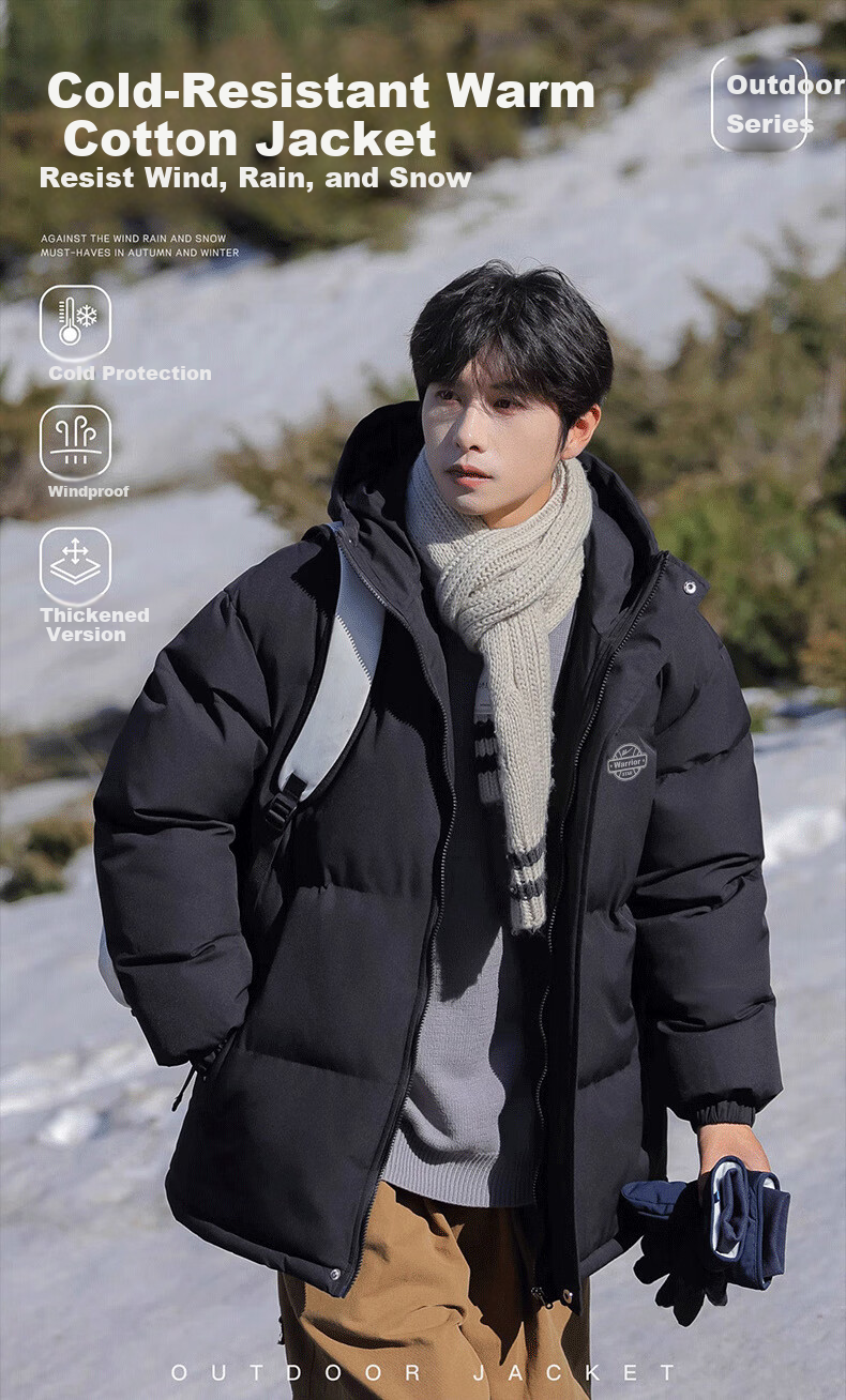 Warrior Men's Winter Hooded Thickened Cotton Jacket Cold-Resistant Warm Cotton Coat New Year Battle Robe Puffer Jacket 1