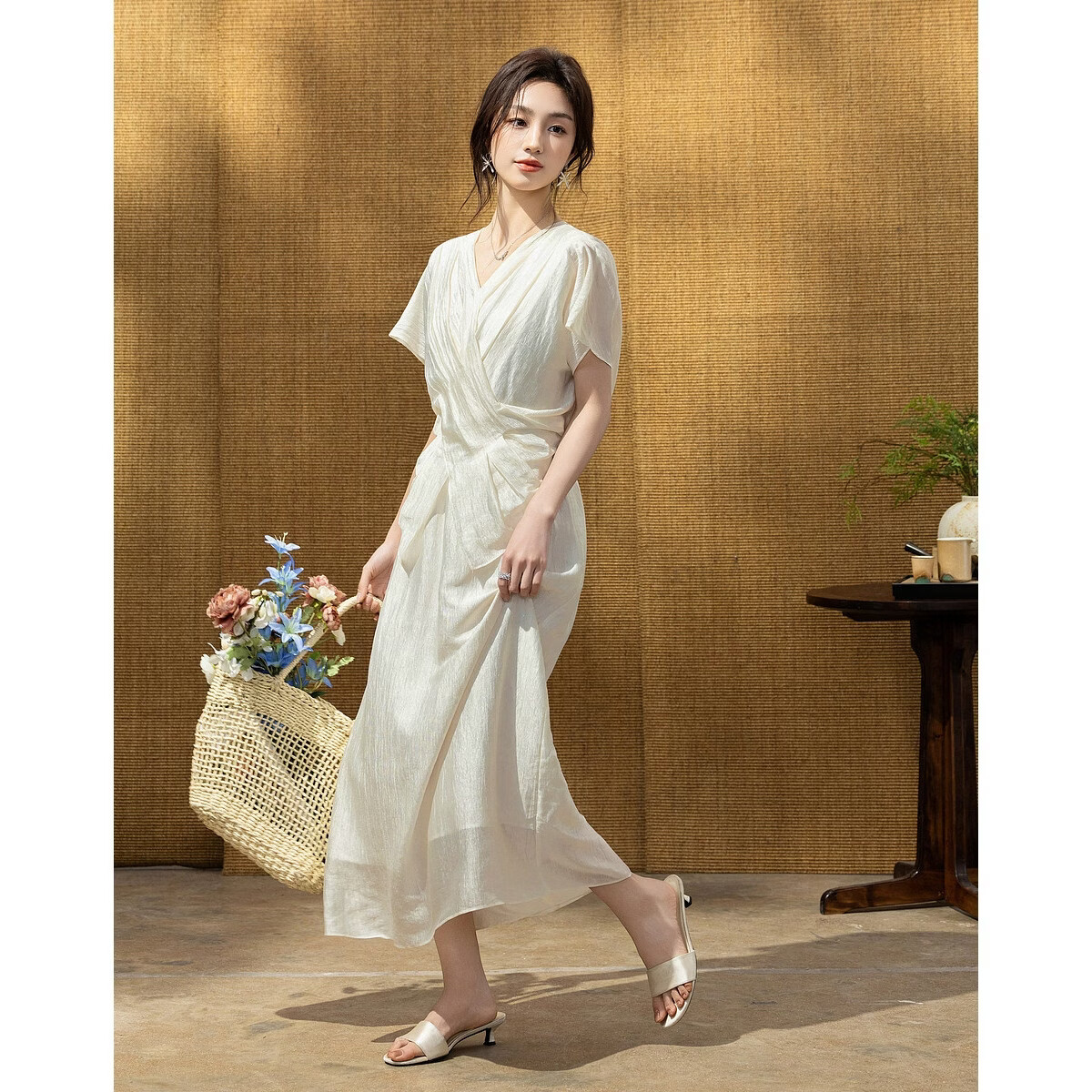 Demana Wrinkled Acetate Summer Elegant Luxury V-Neck Cross Waist Batwing Sleeve Lightweight Dress for Women High-End Feel