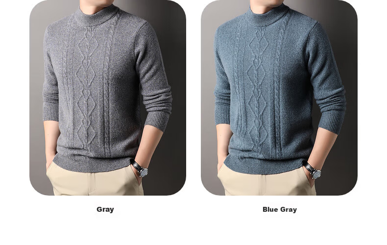 Hengyuanxiang Men's Thickened Wool Sweater Autumn Winter 100% Pure Wool Half Turtleneck Simple Casual Solid Color Knitwear 6