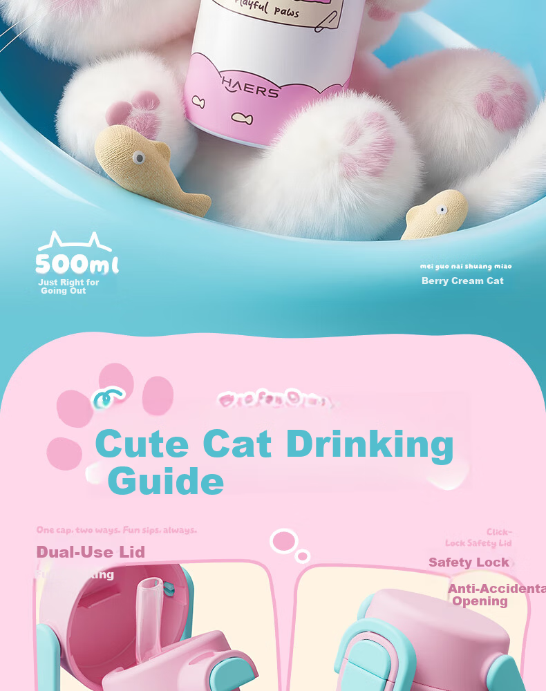 HAERS Kids Insulated Water Bottle Girls High-Quality 316L Stainless Steel Portable Straw Cup Cheese Custard 500ml 2