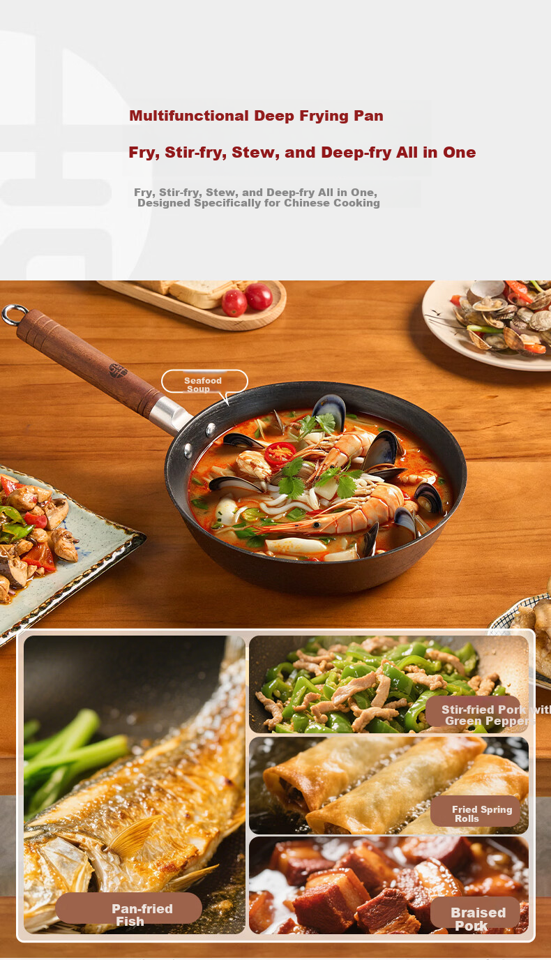Wang Yuan Ji Cast Iron Deep Frying Pan Non-Coated Stir-Fry Skillet Induction Gas Stove Non-Stick Small Iron Pan 26cm 9