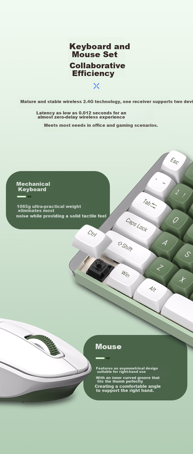 AUSDOM HOLA108 Wireless Keyboard and Mouse Combo Office Gaming Mechanical Keyboard 108-Key Anti-Ghosting Full Layout Desktop Computer Set Green White 4