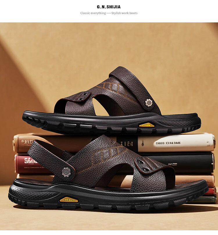 Bull Family Men's Leather Sandals Summer New Genuine Leather Soft Sole Breathable Beach Shoes Men's Versatile Two-Way Commuter Casual Slippers 41