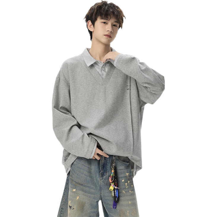 Foss Phil Men's Two-Piece Spliced Collar Sweatshirt Spring Autumn Colorblock Casual Polo Shirt YWY1022 Dusk Gray L