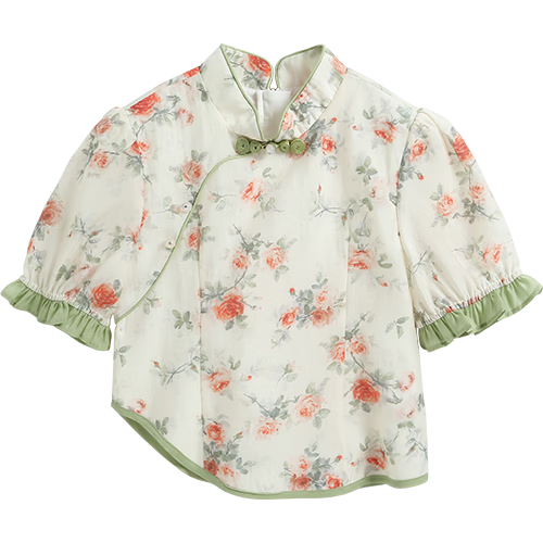 YEEHOO Children's Hanfu Girls' New Chinese-Style Blouse, Big Kids' Short-Sleeve Improved National Style Frog Button Top, Orange, Size 165