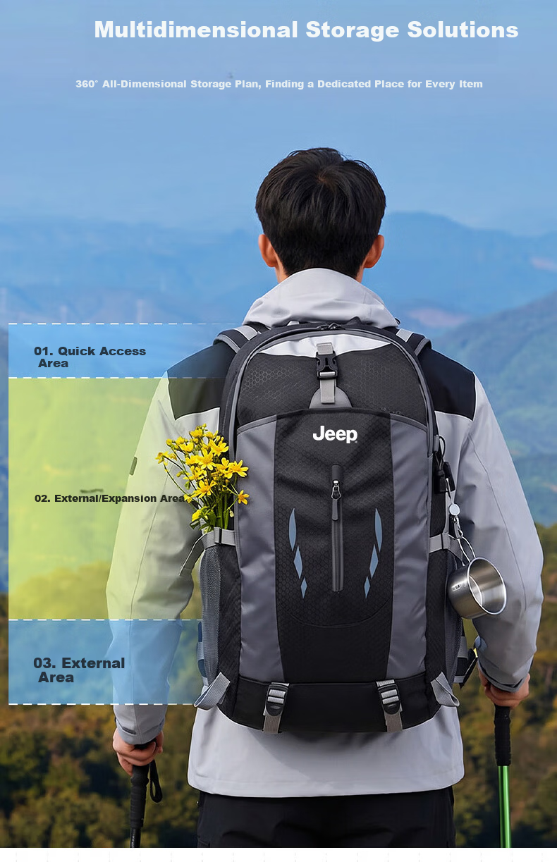 JEEP Men's Backpack Outdoor Professional Hiking Mountaineering Multifunctional Large Capacity Lightweight Water-Resistant Travel Bag 6