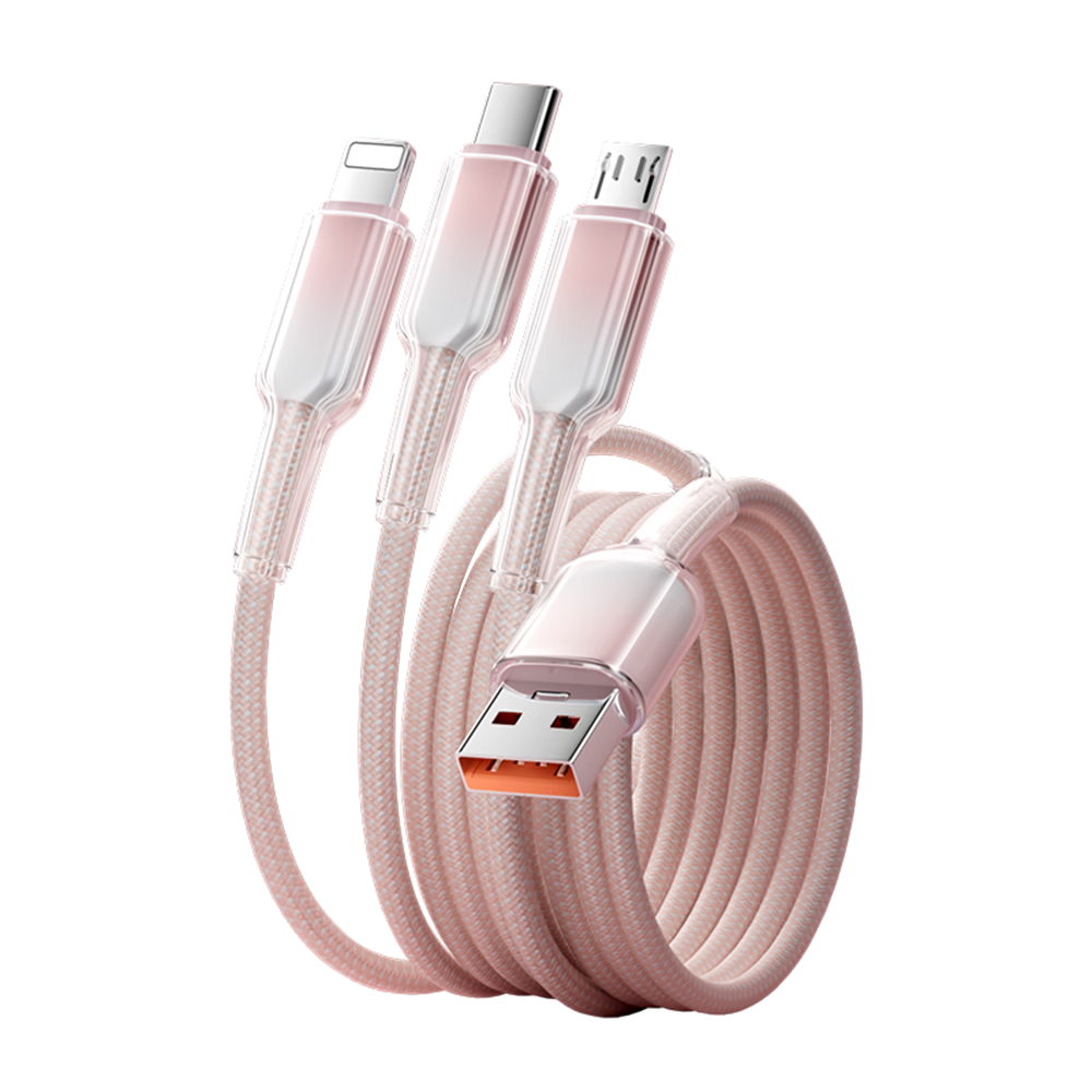 Beimo Three-In Charging Cable, 120W Fast Charging Type-C Data Cable, Ice Crystal One-To Car Charger, Suitable for IPhone 18/17 Pro Max, Huawei/Xiaomi Phones, 1.2 Meters, Pink